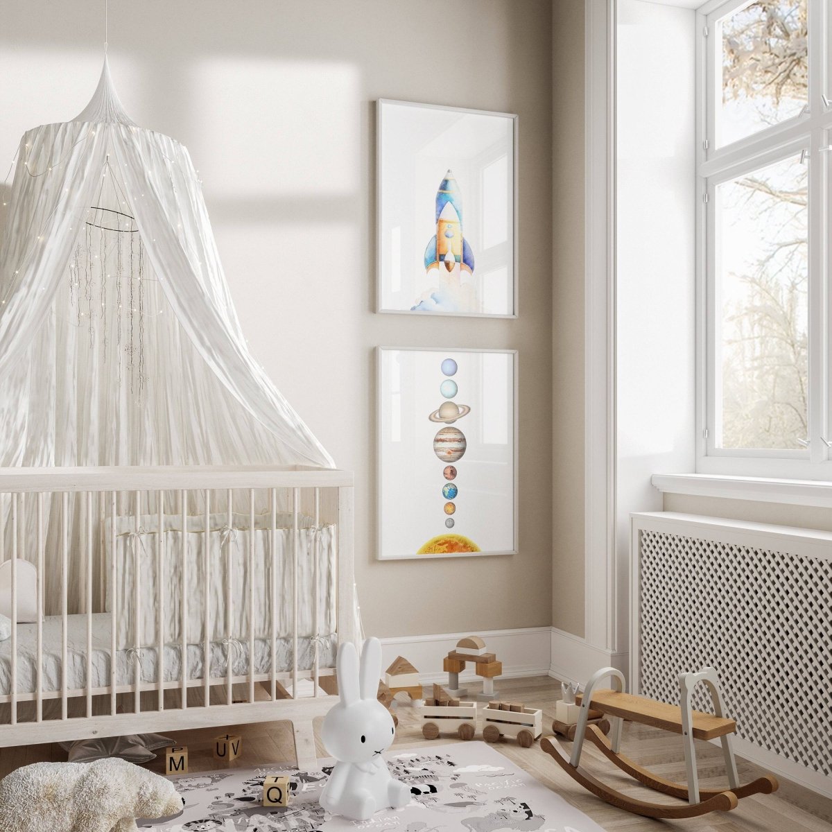 Space Nursery Prints | Set of 2 | Solar System & Rocket Wall Art for Kids' Room - RoseRowanDesign -