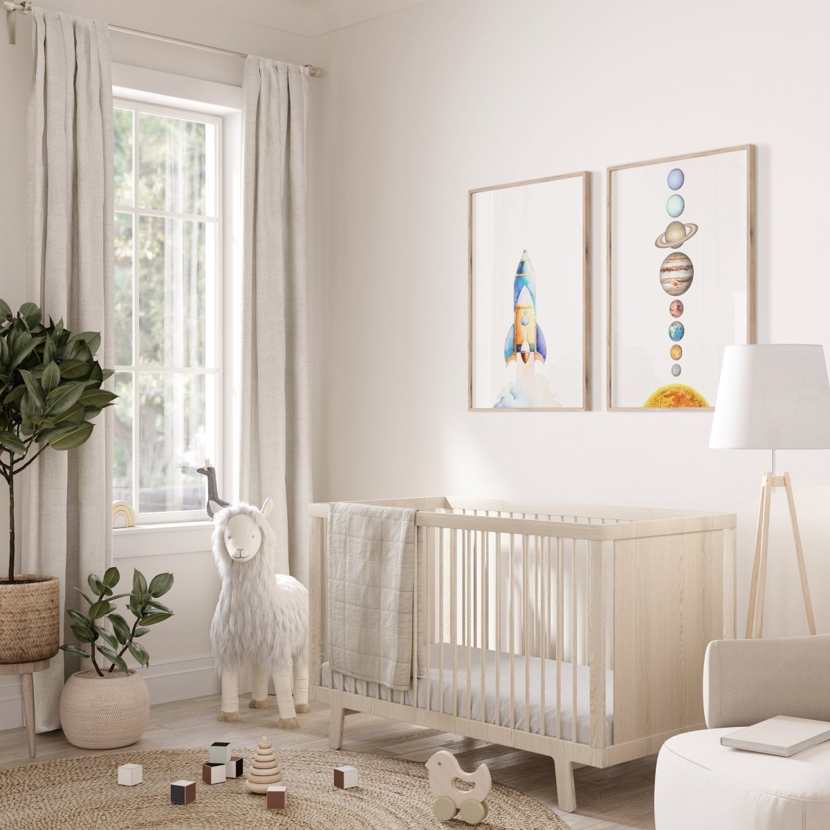 Space Nursery Prints | Set of 2 | Solar System & Rocket Wall Art for Kids' Room - RoseRowanDesign -