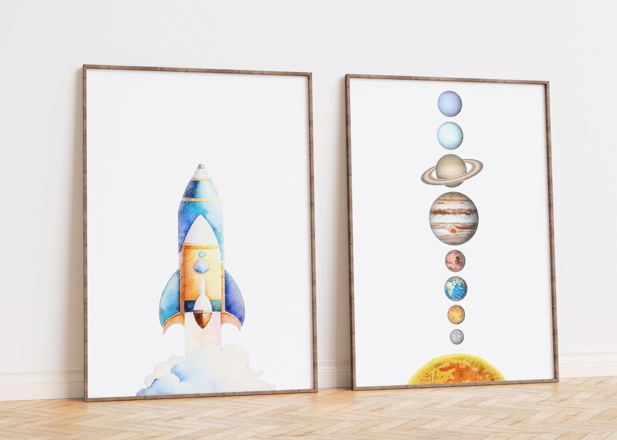 Space Nursery Prints | Set of 2 | Solar System & Rocket Wall Art for Kids' Room - RoseRowanDesign -