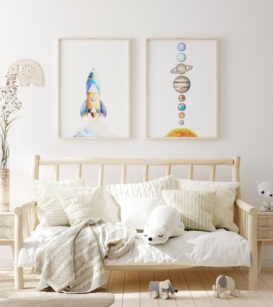 Space Nursery Prints | Set of 2 | Solar System & Rocket Wall Art for Kids' Room - RoseRowanDesign -