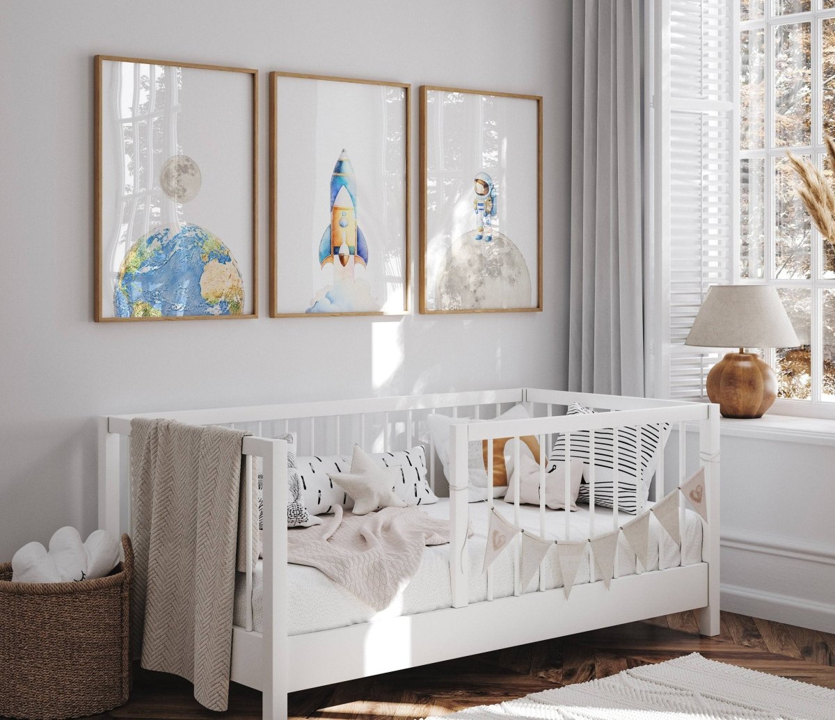 Space Nursery Prints | Set of 3 | Astronaut, Rocket Ship & Moon Wall Art for Boys' Room - RoseRowanDesign -