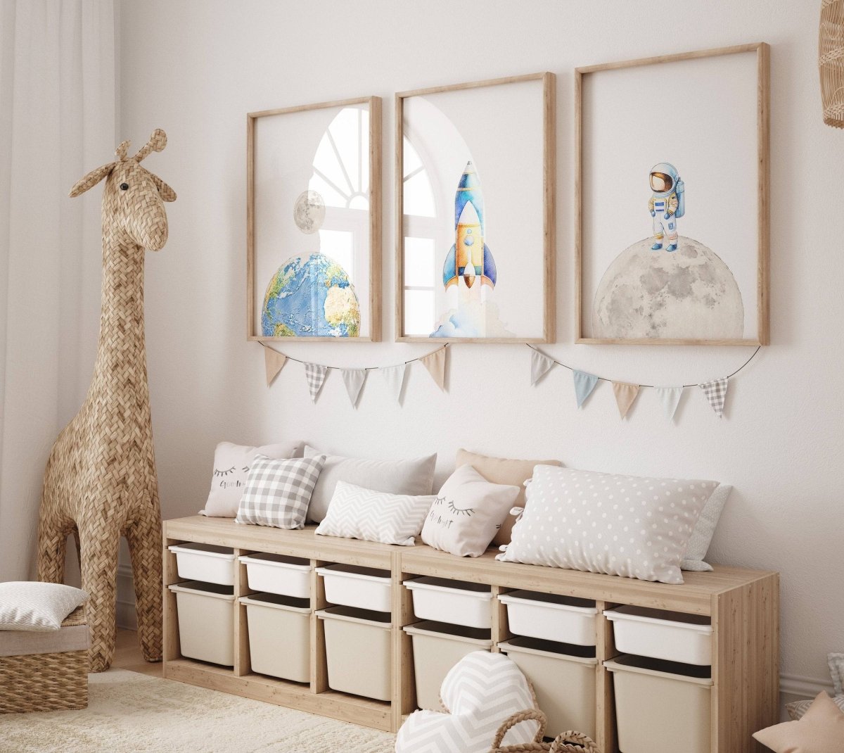 Space Nursery Prints | Set of 3 | Astronaut, Rocket Ship & Moon Wall Art for Boys' Room - RoseRowanDesign -