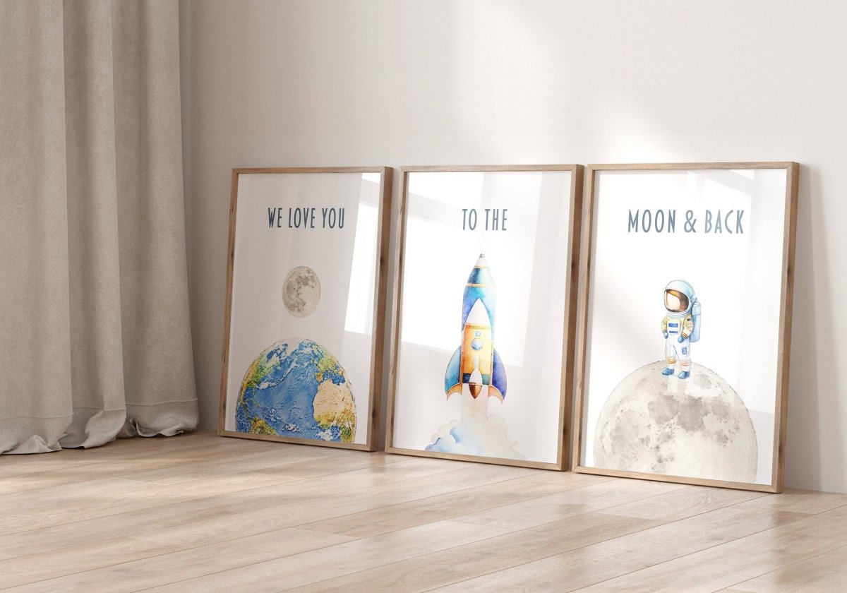 Space Nursery Prints | Set of 3 | Astronaut & Rocket Wall Art for Boys' Room or Playroom - RoseRowanDesign -