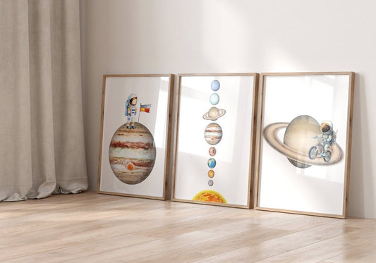 Space Nursery Prints | Set of 3 | Solar System & Astronaut Decor for Boys' Room - RoseRowanDesign -