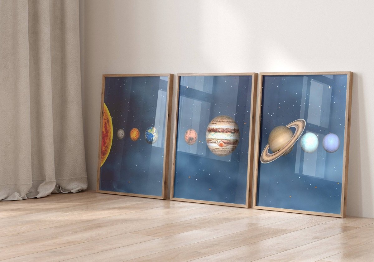 Space Nursery Prints | Set of 3 | Solar System, Planets & Stars Decor for Boys' Room - RoseRowanDesign -