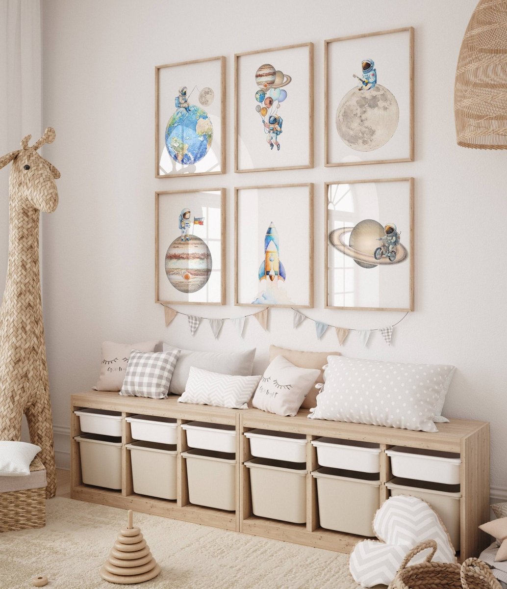 Space Nursery Prints | Set of 6 | Solar System & Astronaut Decor for Boys' Room - RoseRowanDesign -