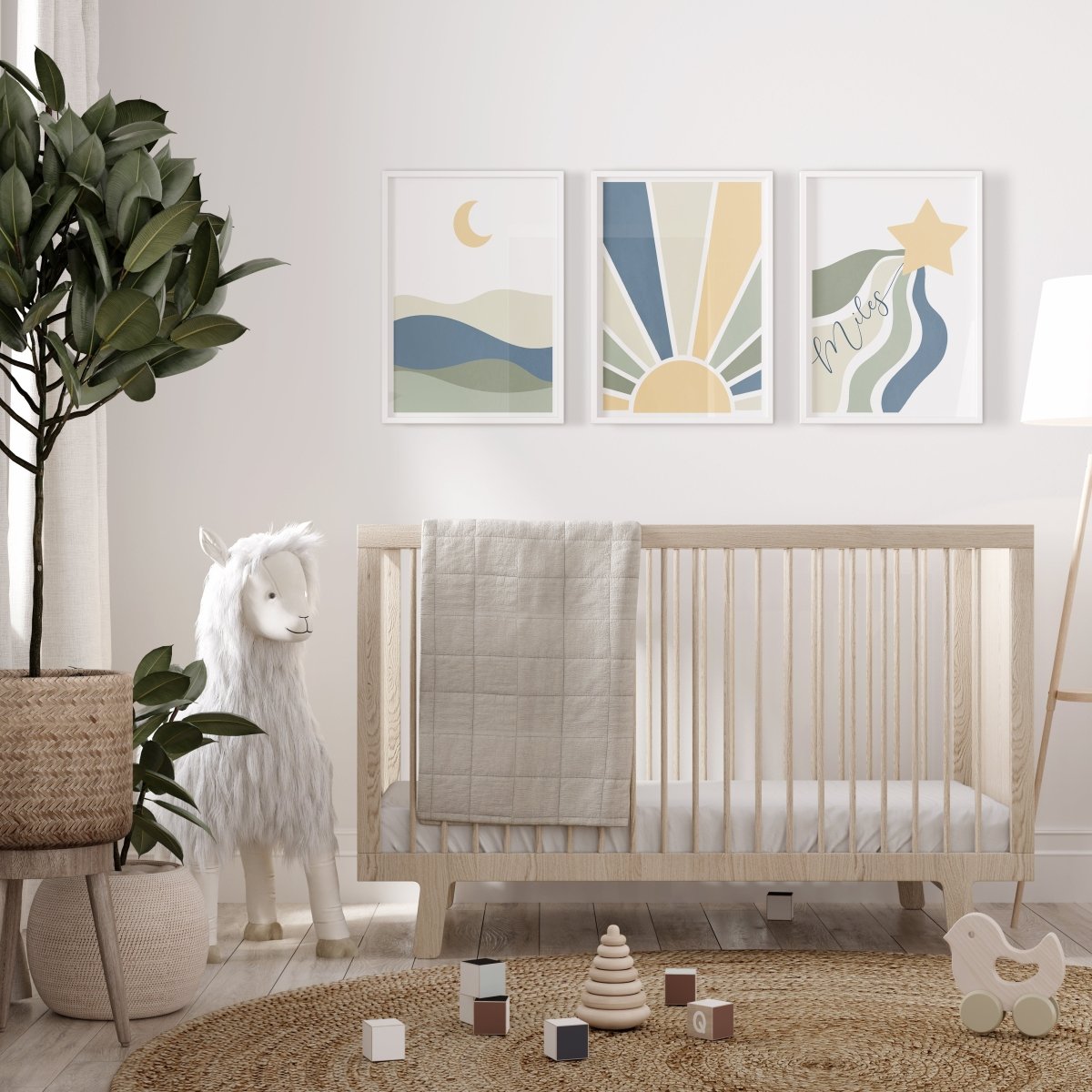 Sun,Star Moon | Set of 3 Prints | Blue & Green Tones Mid Century Style - RoseRowanDesign - Wall Art