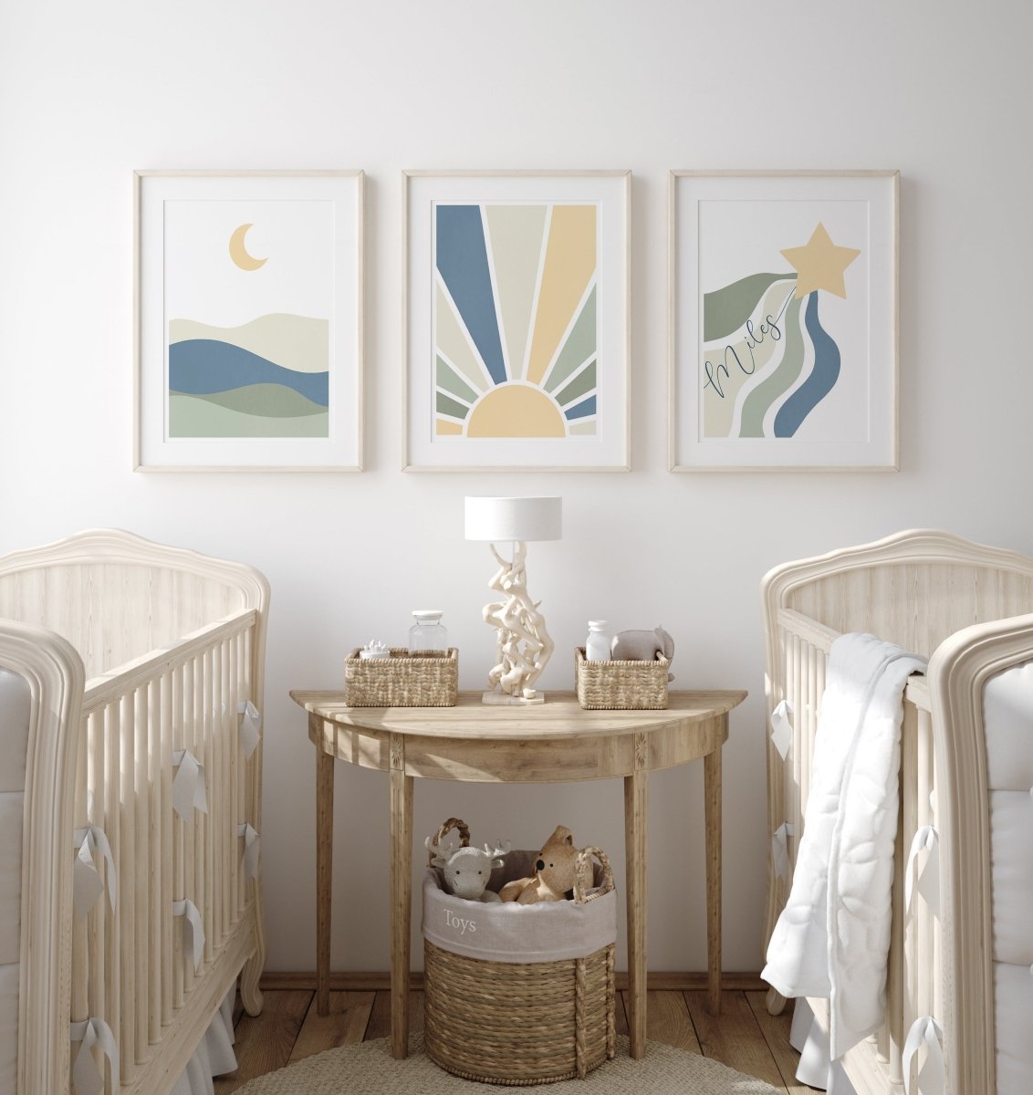 Sun,Star Moon | Set of 3 Prints | Blue & Green Tones Mid Century Style - RoseRowanDesign - Wall Art