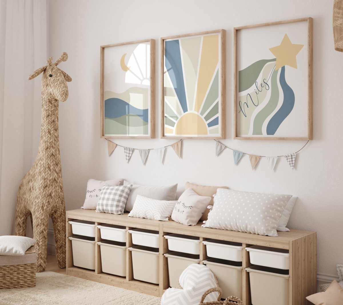 Sun,Star Moon | Set of 3 Prints | Blue & Green Tones Mid Century Style - RoseRowanDesign - Wall Art