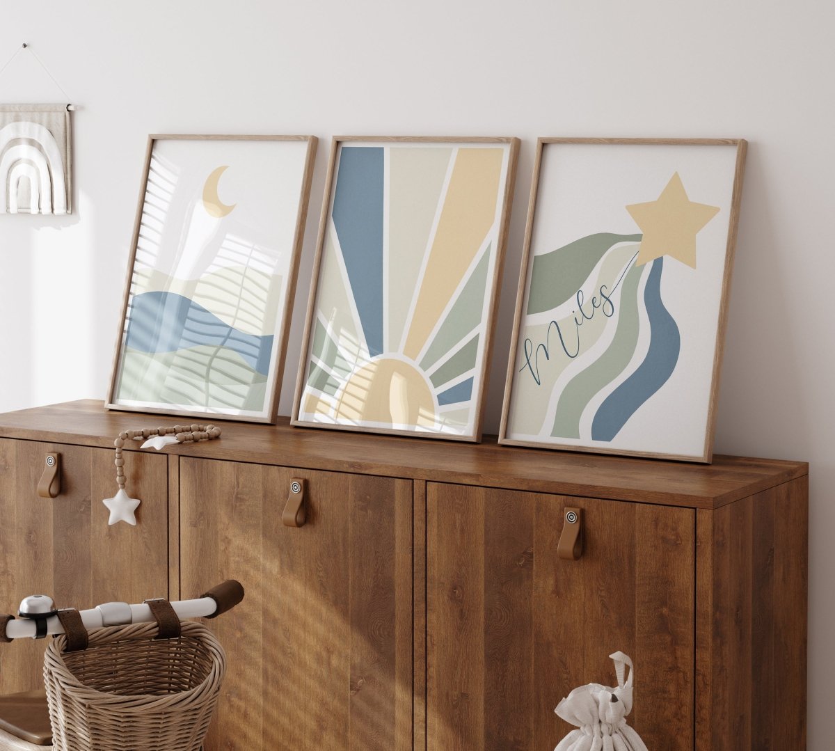 Sun,Star Moon | Set of 3 Prints | Blue & Green Tones Mid Century Style - RoseRowanDesign - Wall Art