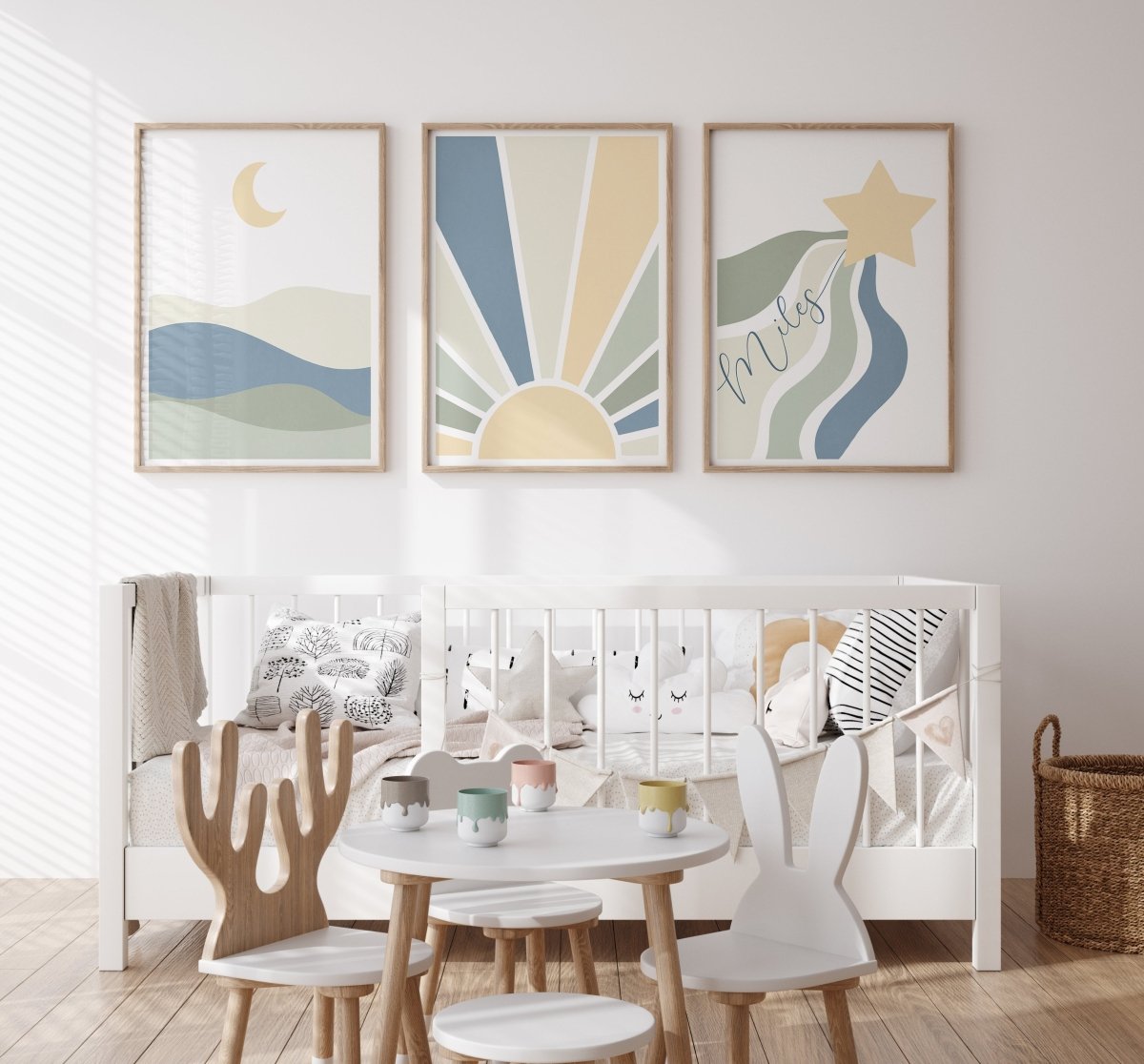 Sun,Star Moon | Set of 3 Prints | Blue & Green Tones Mid Century Style - RoseRowanDesign - Wall Art