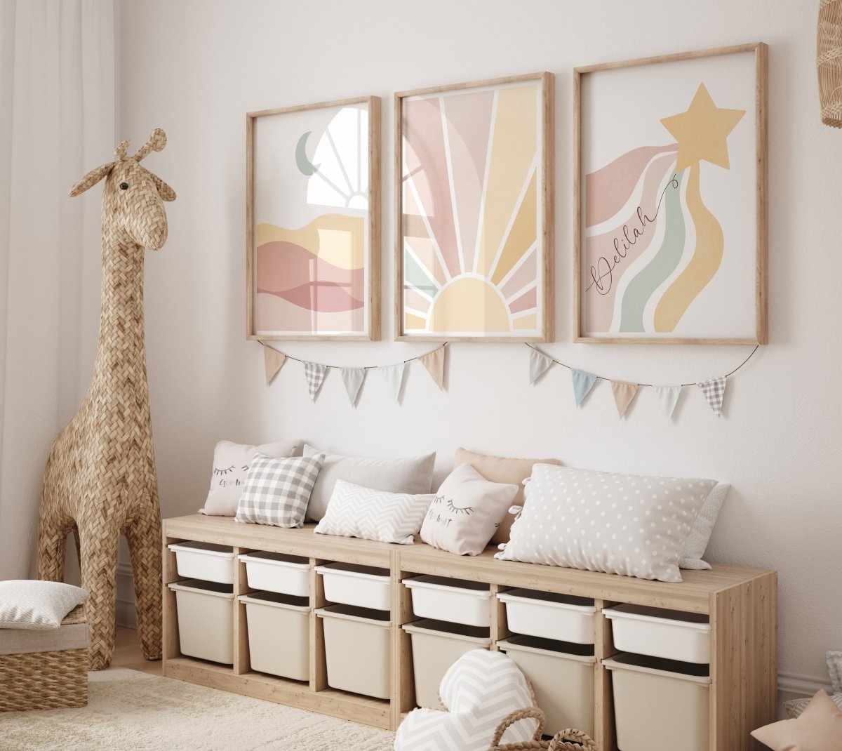 Sun,Star Moon | Set of 3 Prints | Neutral Blush tones Mid Century Style - RoseRowanDesign - Wall Art