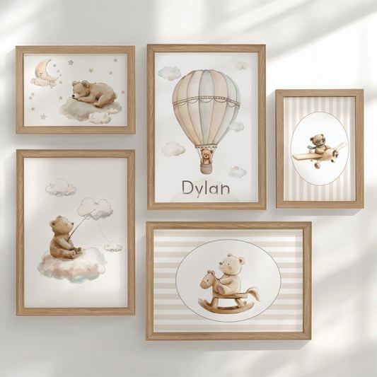 Teddy Bear Nursery Gallery Wall Set – Neutral Baby Room Decor - RoseRowanDesign - Wall Art