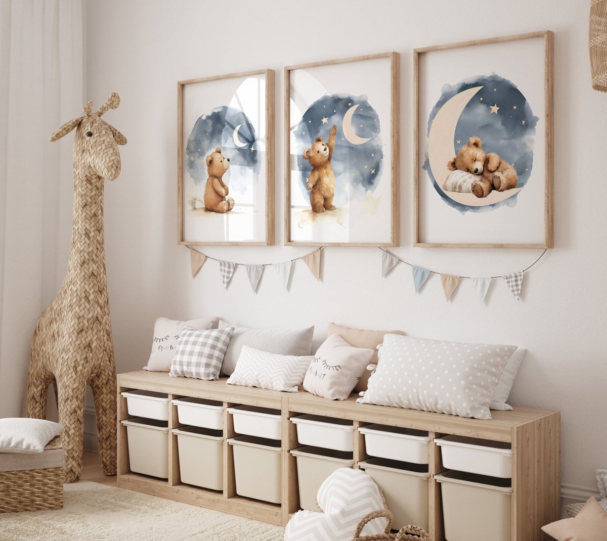 Teddy Bear Nursery Prints | Set of 3 | Boho Wall Art for Baby Boys' or Gender - Neutral Nursery - RoseRowanDesign -