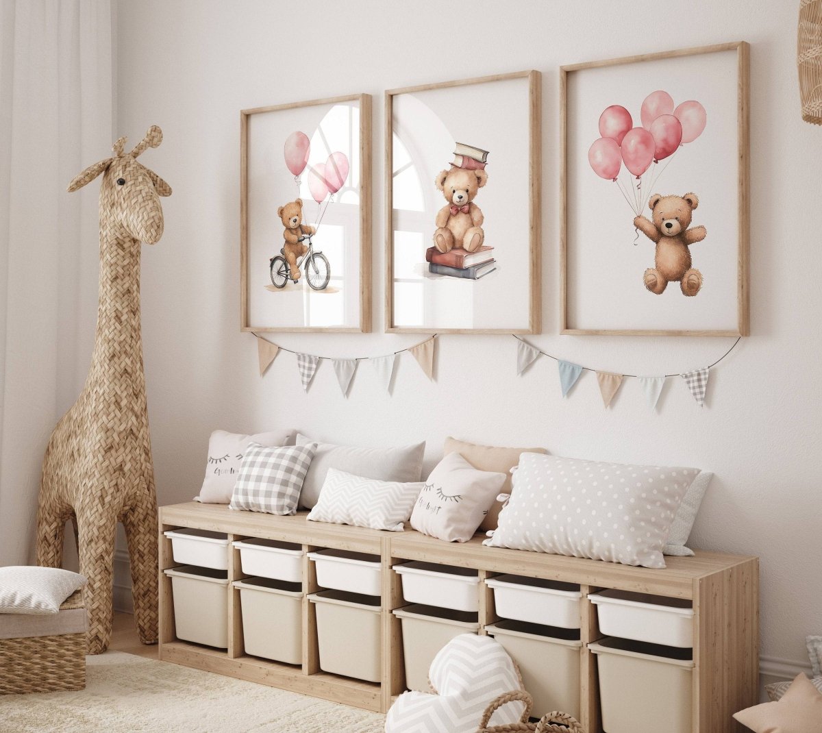 Teddy Bear Nursery Prints | Set of 3 | Boho Wall Art with Pink Balloons for Baby Girls' Room - RoseRowanDesign -