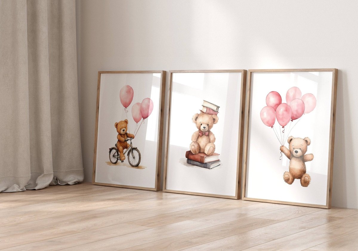 Teddy Bear Nursery Prints | Set of 3 | Boho Wall Art with Pink Balloons for Baby Girls' Room - RoseRowanDesign -