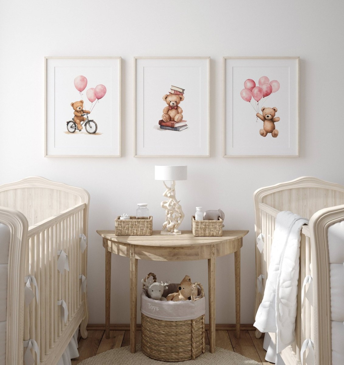 Teddy Bear Nursery Prints | Set of 3 | Boho Wall Art with Pink Balloons for Baby Girls' Room - RoseRowanDesign -