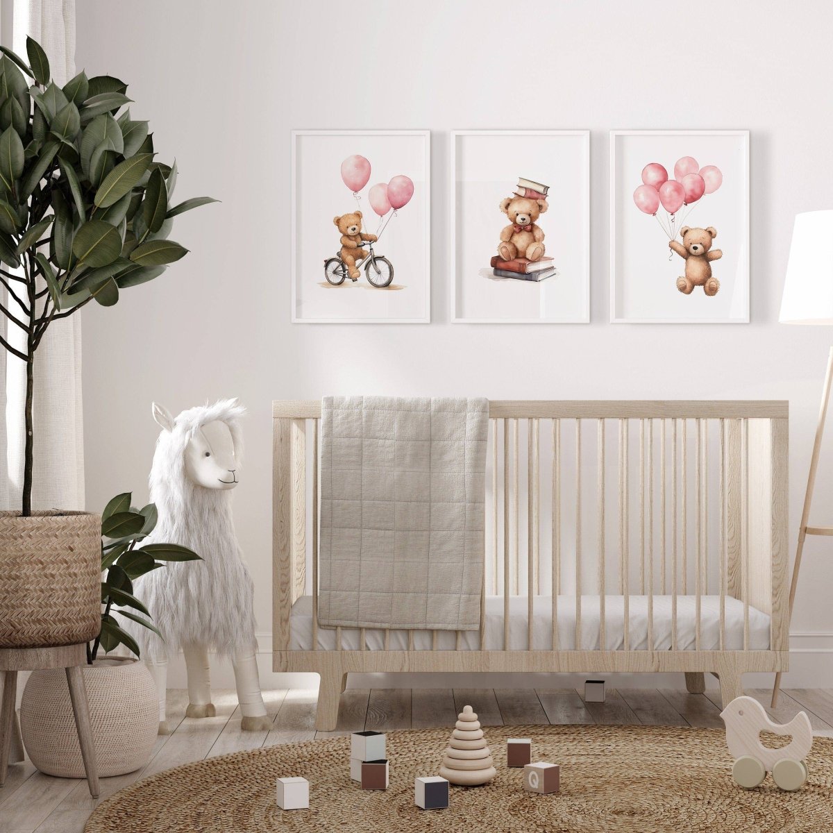 Teddy Bear Nursery Prints | Set of 3 | Boho Wall Art with Pink Balloons for Baby Girls' Room - RoseRowanDesign -