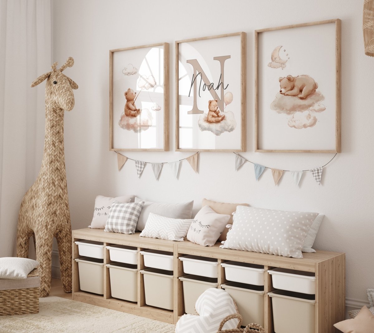 Teddy Nursery Prints | Set of 3 | Personalised Wall Art for childs' Room - RoseRowanDesign -