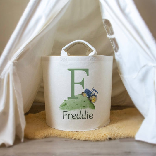 Tractor Themed Personalised Toy Trug for Kids Room or Nursery - RoseRowanDesign -