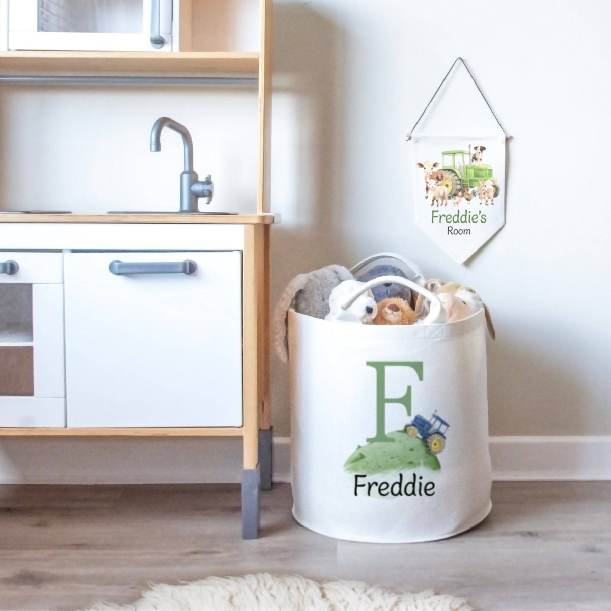 Tractor Themed Personalised Toy Trug for Kids Room or Nursery - RoseRowanDesign -