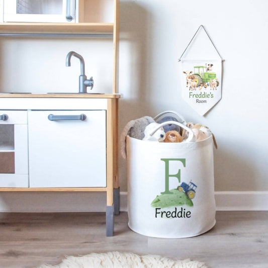 Tractor Themed Personalised Toy Trug for Kids Room or Nursery - RoseRowanDesign -