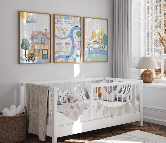 Transport Personalised Map Set of 3 Wall Prints | Wall Art for Nursery, Bedroom or Playroom - RoseRowanDesign - Wall Art