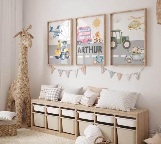 Transport Personalised Nursery Wall Prints| Set of 3 Prints | Vehicles for Boys Room - RoseRowanDesign - Wall Art
