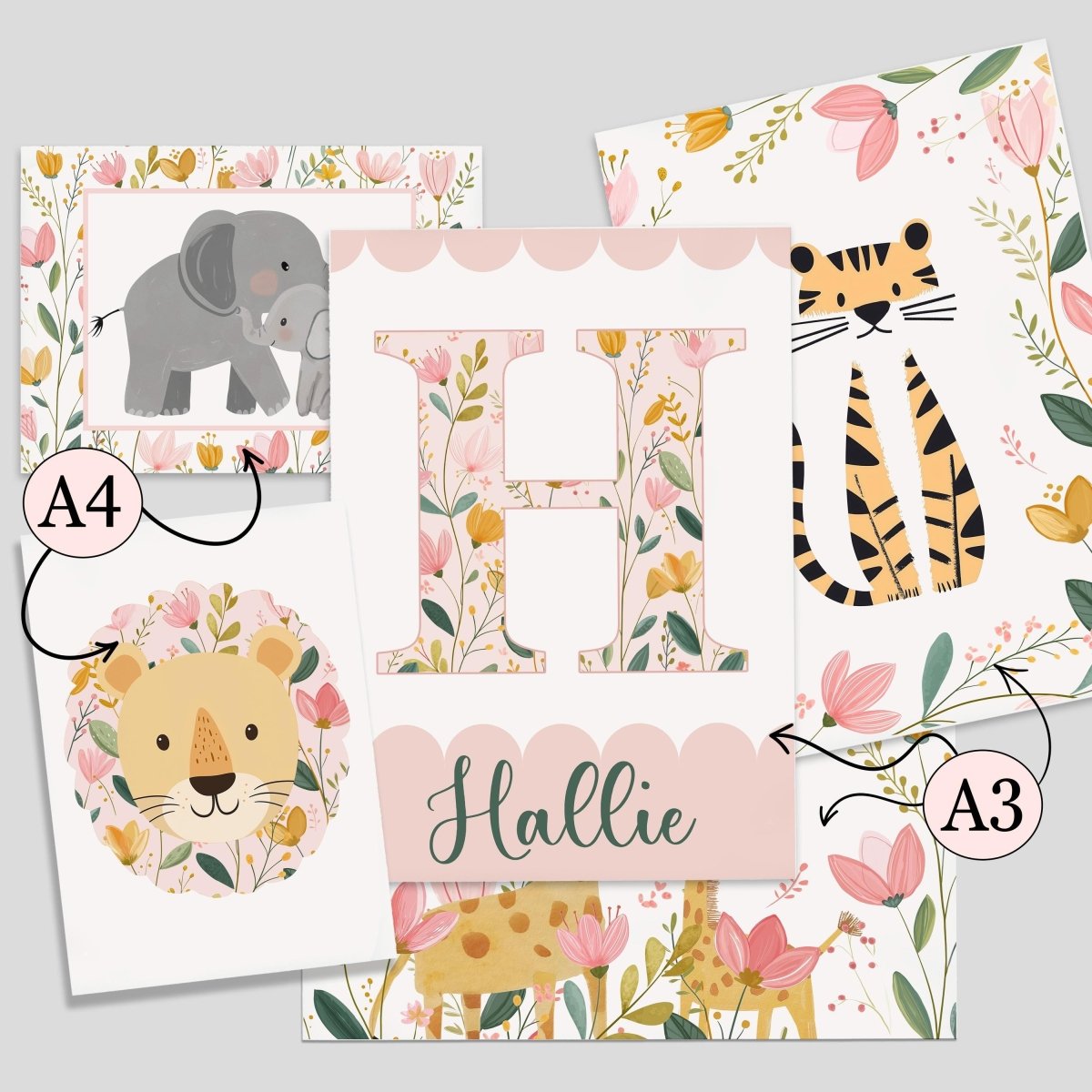 Tropical Safari Gallery Wall Nursery Prints – Floral Animal Wall Art - RoseRowanDesign -