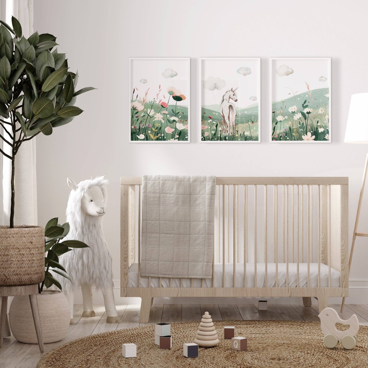 Unicorn Bedroom Prints | Set of 3 | Flower Meadow Wall Art for Girls' Nursery - RoseRowanDesign -