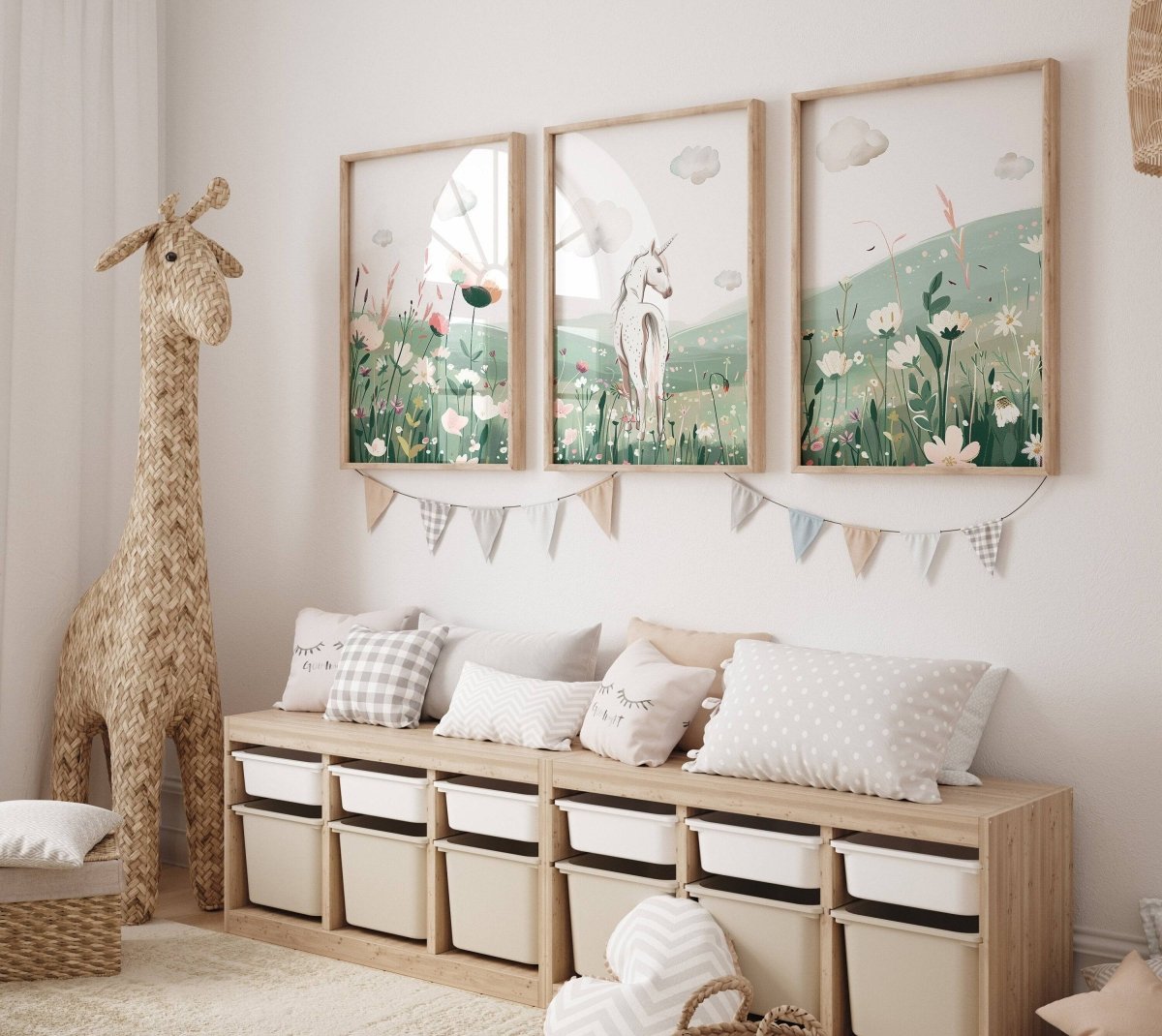 Unicorn Bedroom Prints | Set of 3 | Flower Meadow Wall Art for Girls' Nursery - RoseRowanDesign -