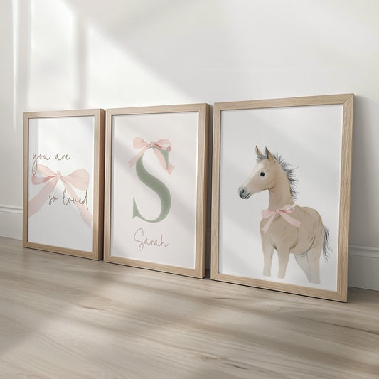 Vintage Bow Nursery Print Set – Personalised Name & Pony - RoseRowanDesign -