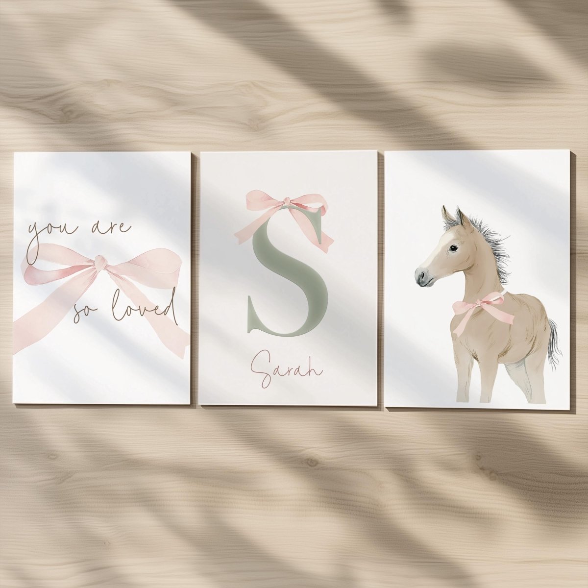 Vintage Bow Nursery Print Set – Personalised Name & Pony - RoseRowanDesign -
