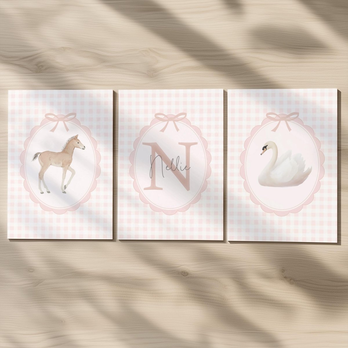 Vintage Pink Gingham Nursery Prints – Girls Personalised Set - RoseRowanDesign -