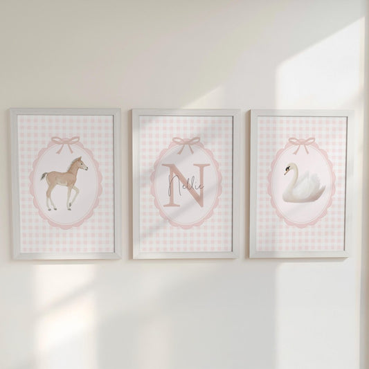 Vintage Pink Gingham Nursery Prints – Girls Personalised Set - RoseRowanDesign -