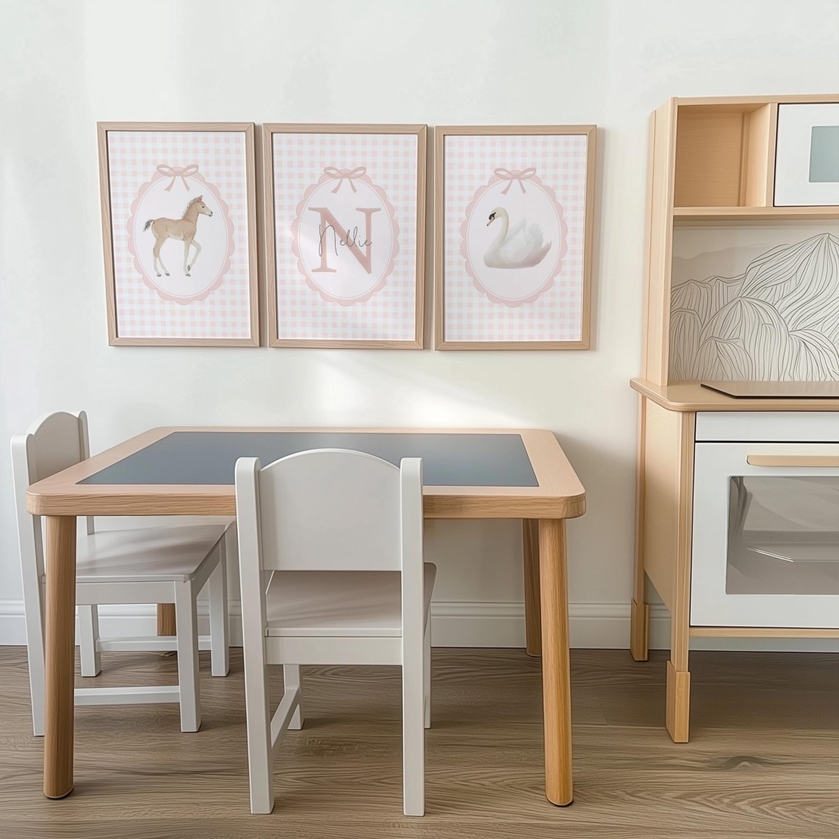 Vintage Pink Gingham Nursery Prints – Girls Personalised Set - RoseRowanDesign -