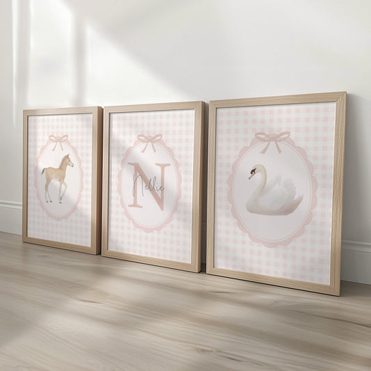 Vintage Pink Gingham Nursery Prints – Girls Personalised Set - RoseRowanDesign -
