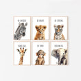 Load image into Gallery viewer, Watercolour Safari Animal Nursery Prints | Set of 6 | Gender Neutral Wall Art for Baby's Bedroom - RoseRowanDesign -