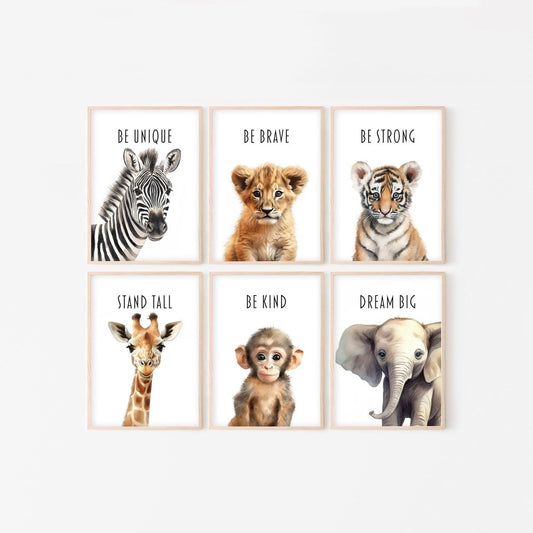 Watercolour Safari Animal Nursery Prints | Set of 6 | Gender Neutral Wall Art for Baby's Bedroom - RoseRowanDesign -