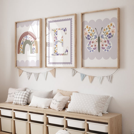 Wildflower, Butterfly, Rainbow Personalised | Set of 3 Prints | For Girls Room - RoseRowanDesign - Wall Art