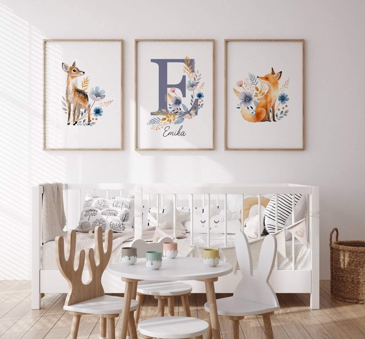 Wildflower Nursery Prints | Set of 3 Woodland Animal Wall Art | Personalised Decor for Girls' Room - RoseRowanDesign - Wall Art