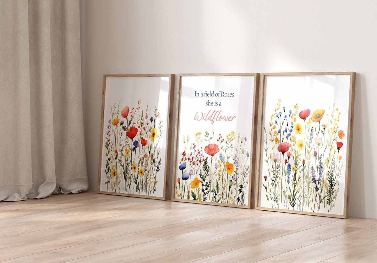 Wildflower Nursery Wall Art Prints | Set of 3 | Botanical Decor for Baby Girl's Room - RoseRowanDesign -
