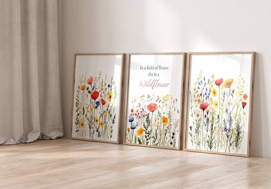 Wildflower Nursery Wall Art Prints | Set of 3 | Botanical Decor for Baby Girl's Room - RoseRowanDesign -