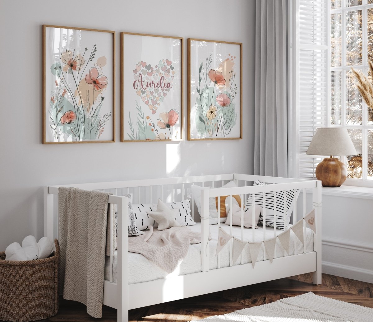 Wildflower Personalised Set of 3 Girls Prints | Wall Art for Nursery, Bedroom or Playroom - RoseRowanDesign - Wall Art