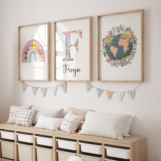 Wildflower Personalised Set of 3 Girls Prints | Wall Art for Nursery, Bedroom or Playroom - RoseRowanDesign - Wall Art