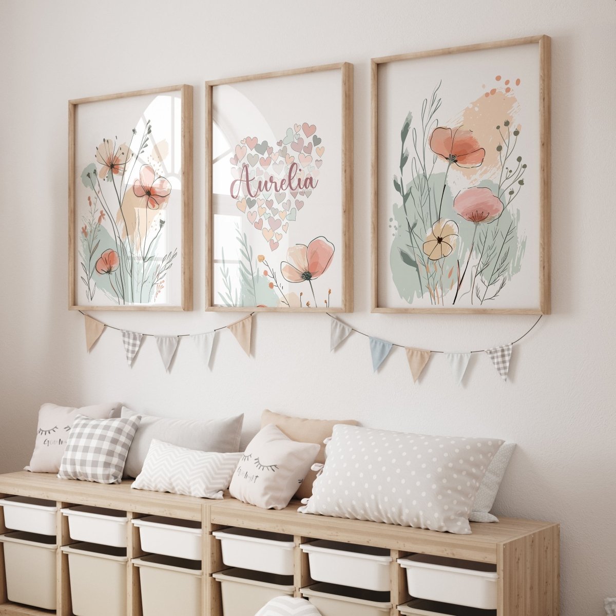 Wildflower Personalised Set of 3 Girls Prints | Wall Art for Nursery, Bedroom or Playroom - RoseRowanDesign - Wall Art