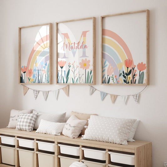 Wildflower Set of 3 Personalised Prints | Pastel Rainbow Girls Room Wall Art - RoseRowanDesign - Wall Art