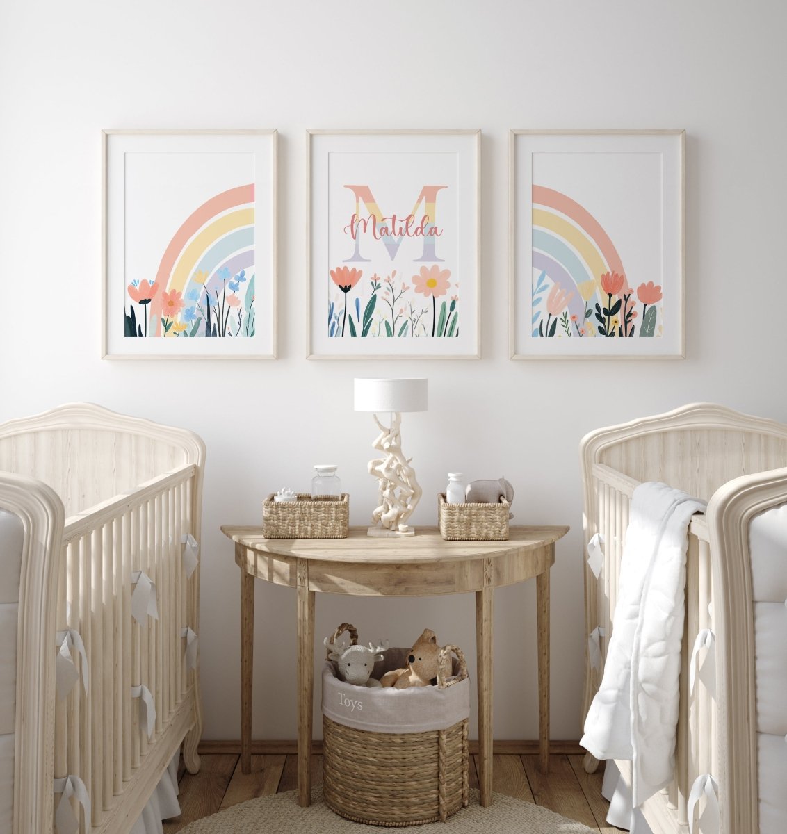 Wildflower Set of 3 Personalised Prints | Pastel Rainbow Girls Room Wall Art - RoseRowanDesign - Wall Art