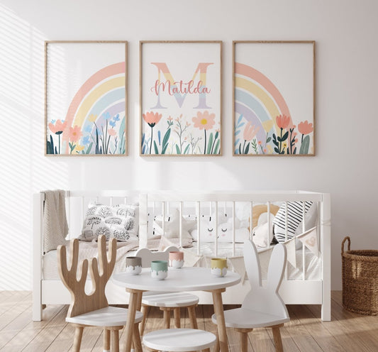 Wildflower Set of 3 Personalised Prints | Pastel Rainbow Girls Room Wall Art - RoseRowanDesign - Wall Art