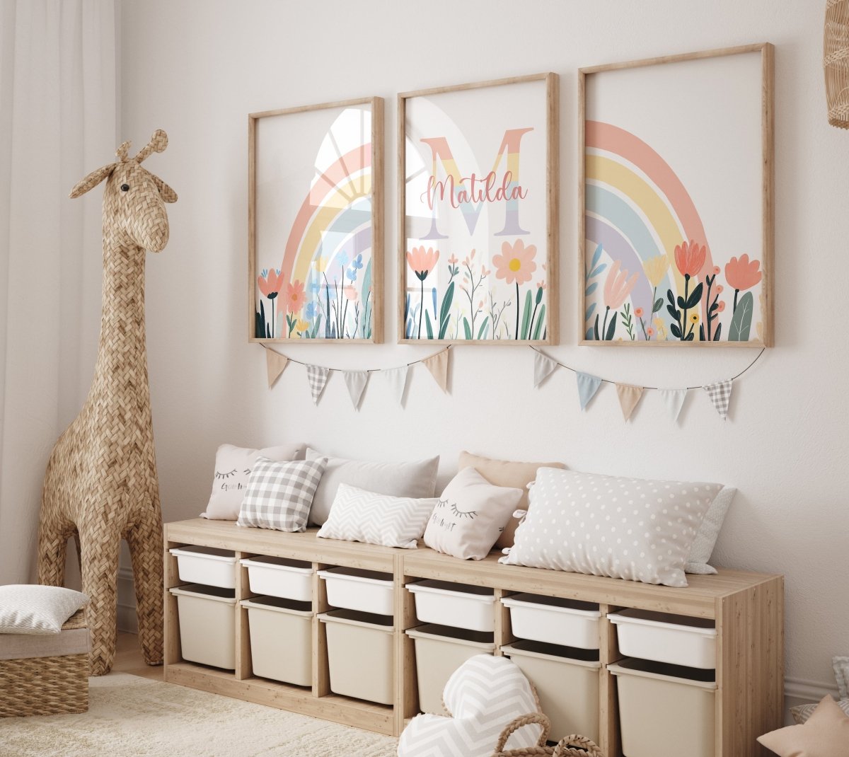 Wildflower Set of 3 Personalised Prints | Pastel Rainbow Girls Room Wall Art - RoseRowanDesign - Wall Art